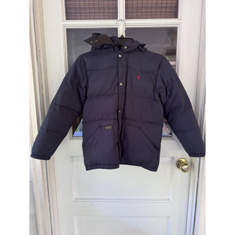 polo By Ralph Lauren boys puffer jacket Navy Zip Snap Down/feather Hooded M